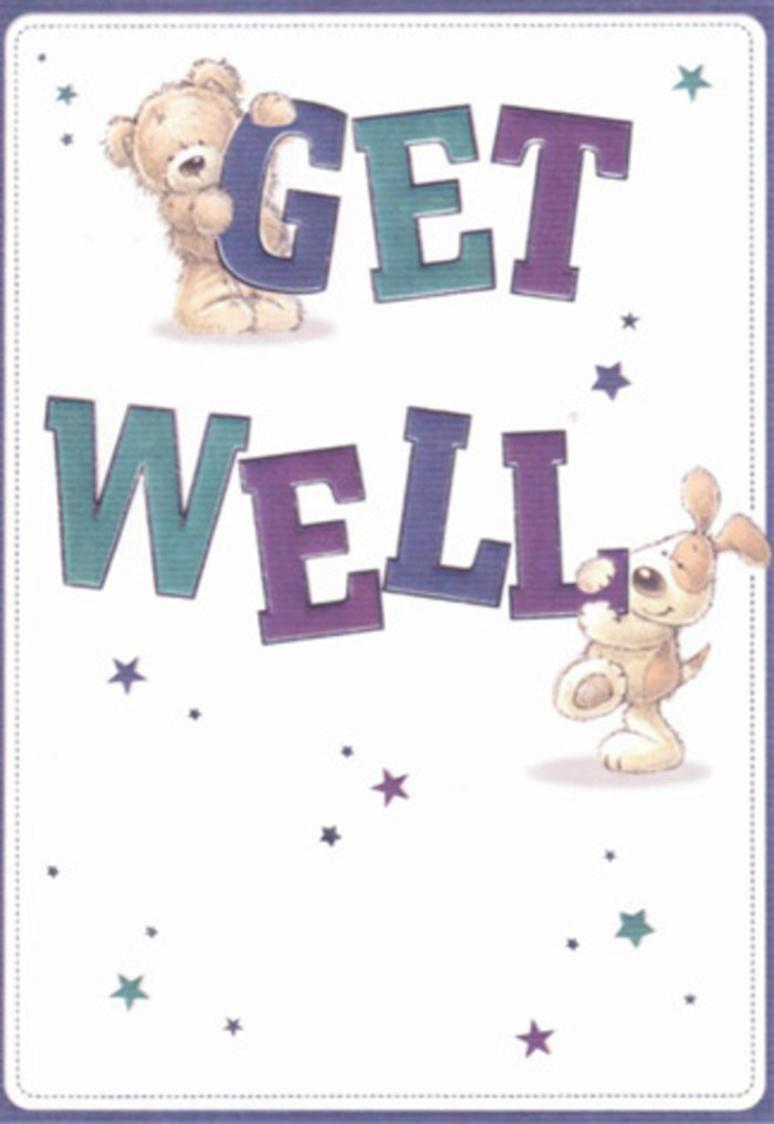 The illustrated scene on this get well card offers a celebration of gentle encouragement, as beloved as a springtime stroll through Homerton's leafy side streets. A floppy-eared puppy and a furry bear playfully interact with oversized, colourful letters spelling 'Get Well,' their faces bright with hope. Around them, whimsical stars, shaded from deep indigo through clear aqua, burst and swirl, echoing the communal spirit found at Homerton's weekend markets or local gatherings. Each character is rendered with a tender attention to detail-the bear's soft, brushed fur and the velvety ears of the pup invite the inclination to reach out and touch, as one might with fresh petals in a flower shop like Flowers Homerton. The typography dominates the centre, bold and slightly raised, shimmering against a background as clean and luminous as morning sunlight through frosted glass. The overall effect is one of profound reassurance: the blending of artistry, colour, and warmth creates a perfect companion to a handpicked bouquet, delivering lightness and authentic care to anyone on the mend, from young children to cherished elders across E9.